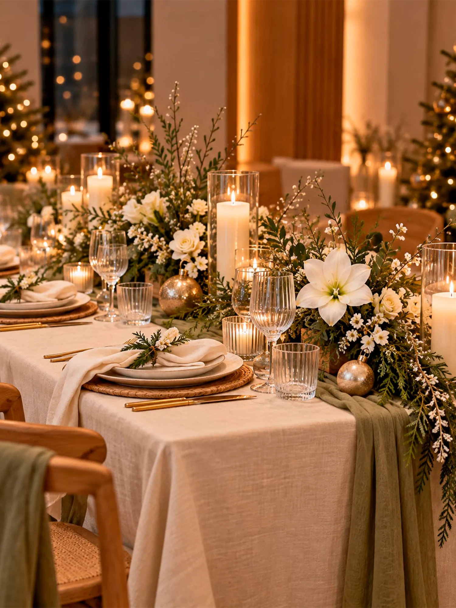Elegante Festtafel mit weißen Blumen und Kerzen