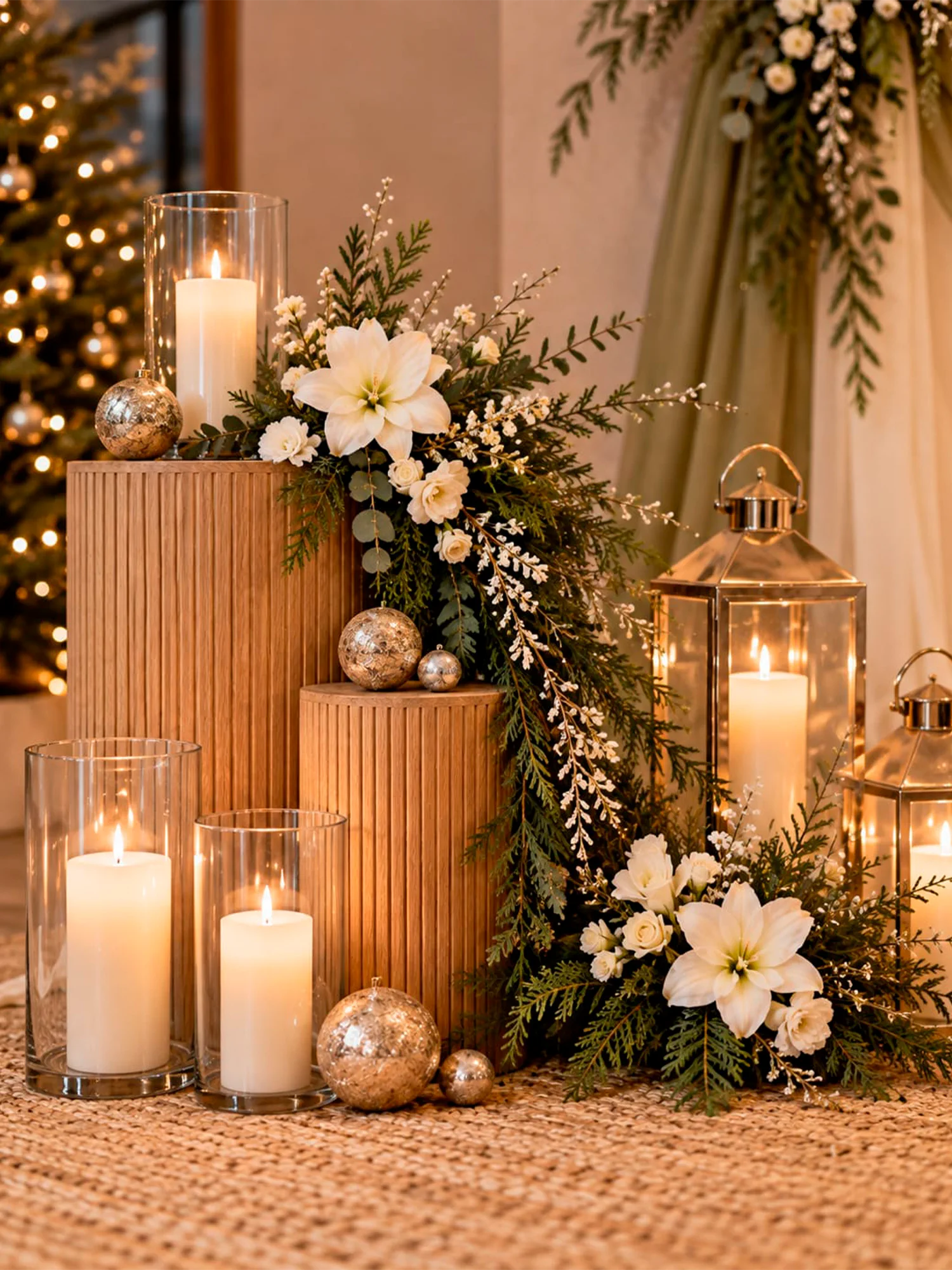 Winterliches Blumenarrangement mit Kerzen und goldenen Laternen
